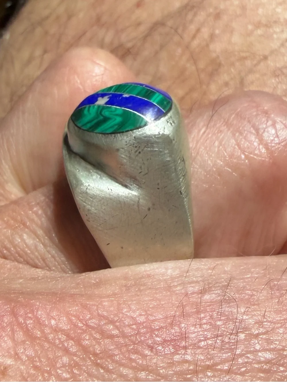 Vintage TAXCO Mexico 925 Sterling Silver Malachite Lapis Ring Size 11.5